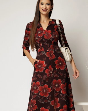 Rochie midi mov pruna cu imprimeu floral bordo