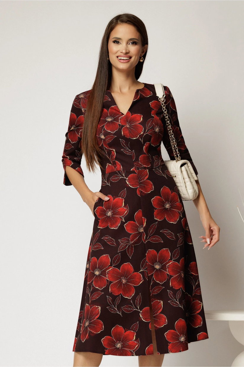 Rochie midi mov pruna cu imprimeu floral bordo