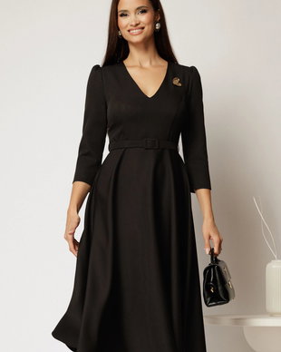 Rochie DY Fashion neagra clos cu decolteu V si curea in talie