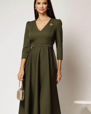 Rochie DY Fashion kaki clos cu decolteu V si curea in talie