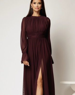 Rochie DY Fashion midi mov pruna din tulle fin in clos cu crapatura pe picior