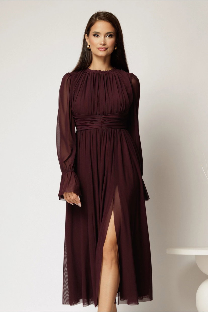 Rochie DY Fashion midi mov pruna din tulle fin in clos cu crapatura pe picior