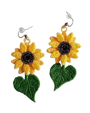Cercei Floarea-Soarelui cu Frunză  Cercei Brodați Handmade