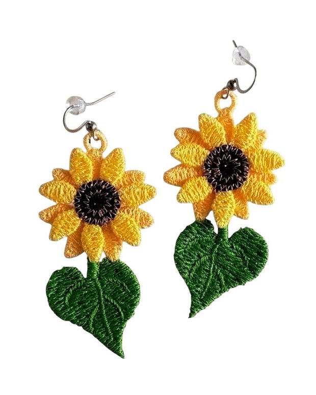 Cercei Floarea-Soarelui cu Frunză  Cercei Brodați Handmade