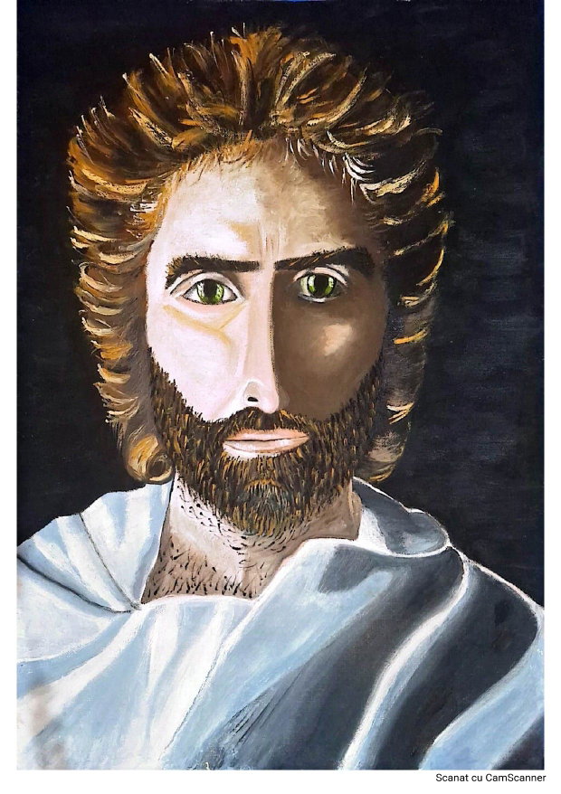 Tablou în ulei Privirea Interioară - Portret spiritual cu ochi verzi, A3