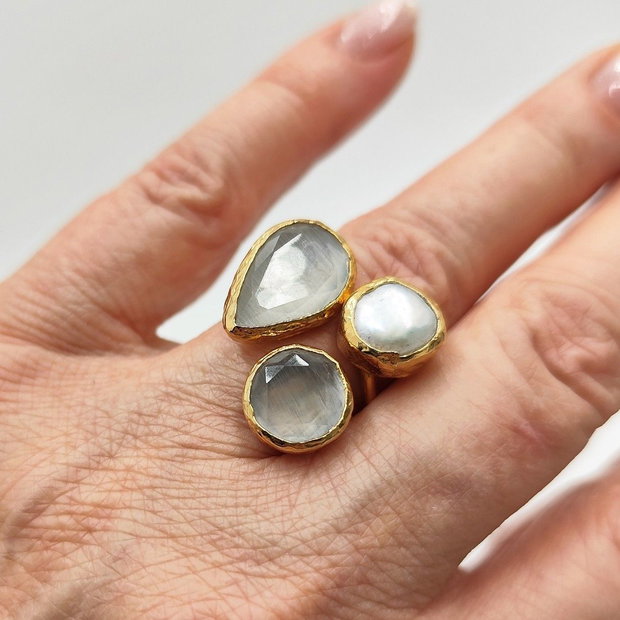 Set inel si cercei cu perla naturala si agate fatetate gri, 4710