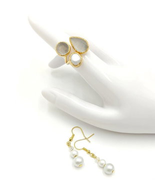 Set inel si cercei cu perla naturala si agate fatetate gri, 4710