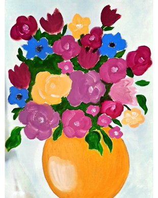 Tablou în ulei Armonie de Primăvară - Buchet multicolor în vază galbenă, A3
