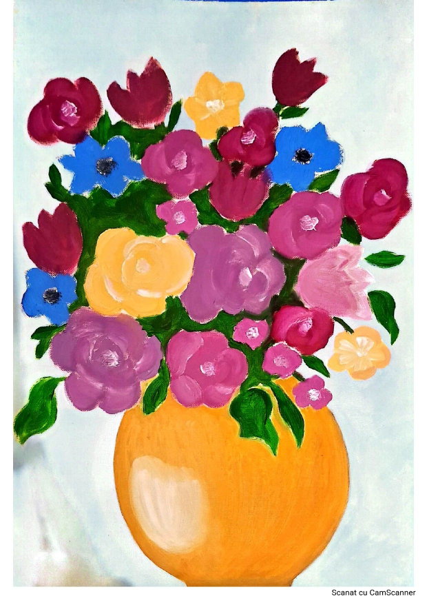 Tablou în ulei Armonie de Primăvară - Buchet multicolor în vază galbenă, A3
