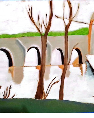 Tablou Peisaj  Pod peste Râu în Culori Calde (42x30 cm)