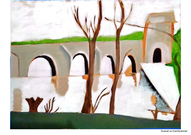 Tablou Peisaj Pod peste Râu în Culori Calde (42x30 cm)