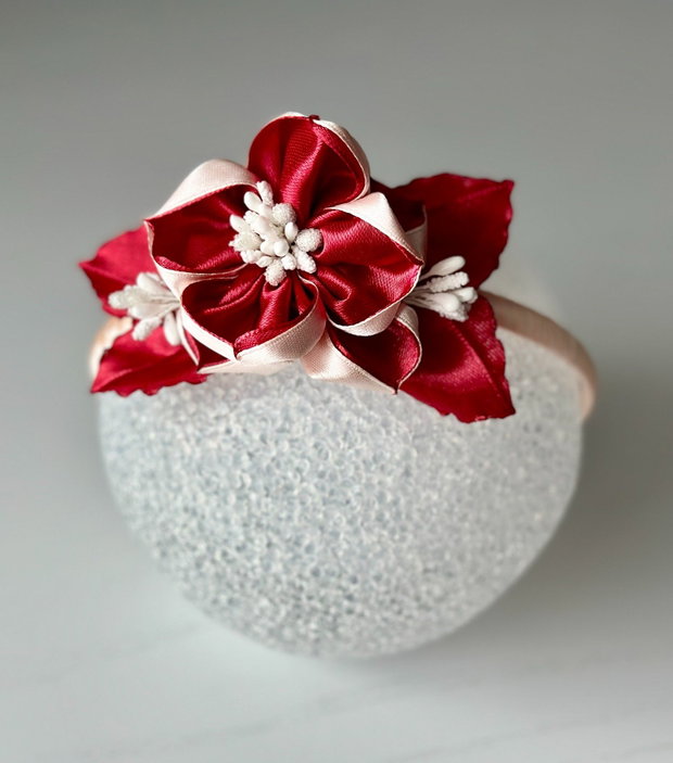 Bentiță handmade cu flori din satin, rosu si crem