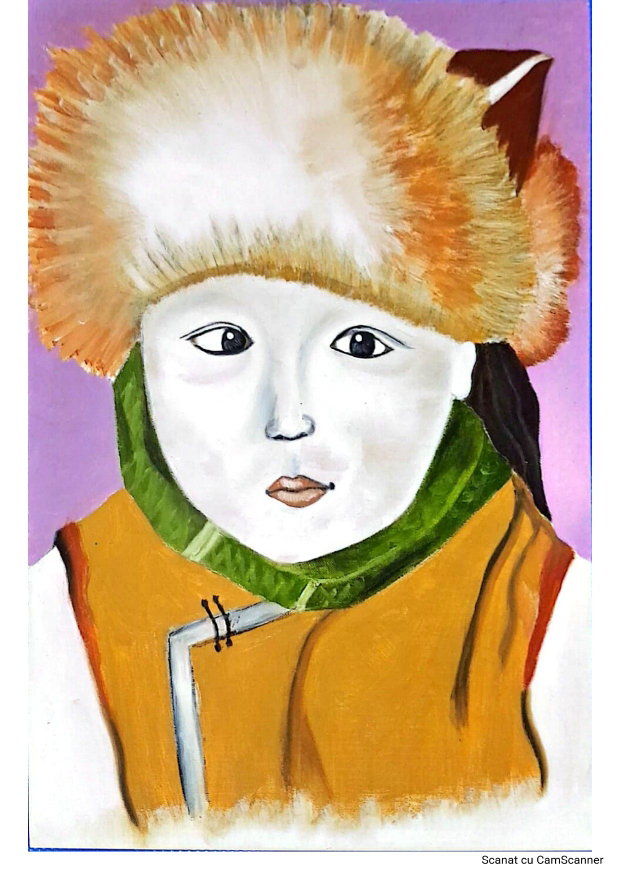 Tablou Portret Copil Mongol în Straie Tradiționale (42x30 cm)