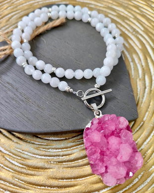 Colier piatra lunii & pandantiv agata druzy roz