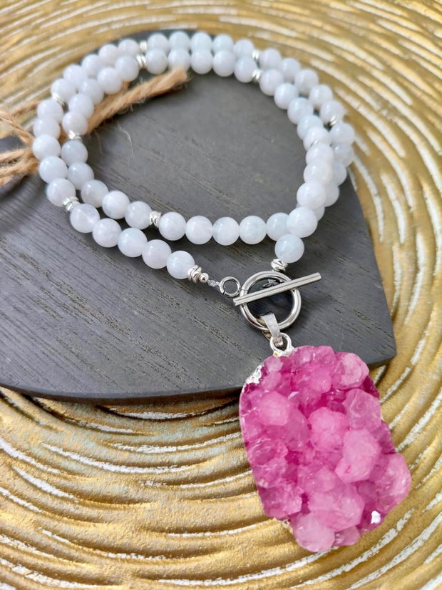 Colier piatra lunii & pandantiv agata druzy roz