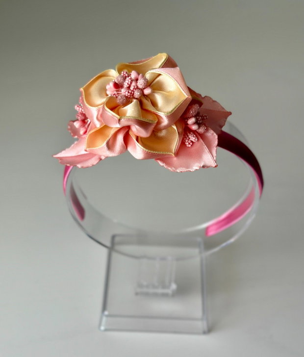 Bentiță handmade cu flori din satin, galben si roz