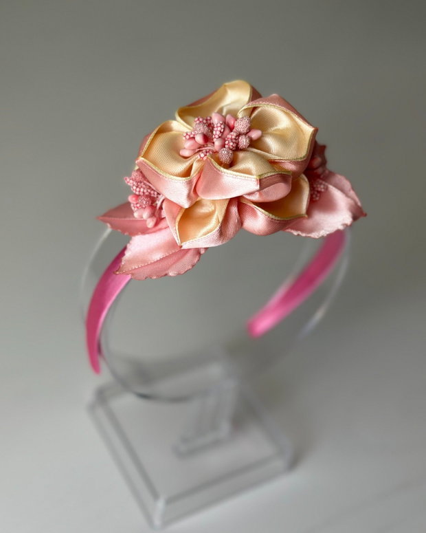 Bentiță handmade cu flori din satin, galben si roz