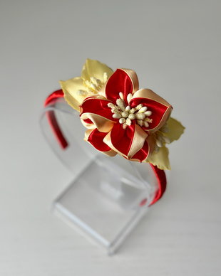 Bentiță handmade cu flori din satin, rosu si galben