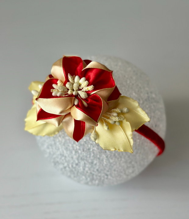 Bentiță handmade cu flori din satin, rosu si galben