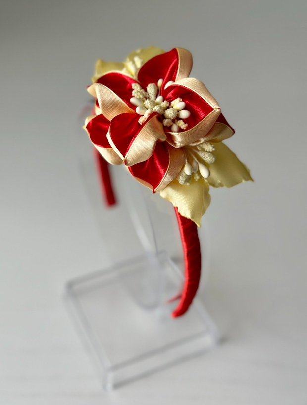 Bentiță handmade cu flori din satin, rosu si galben