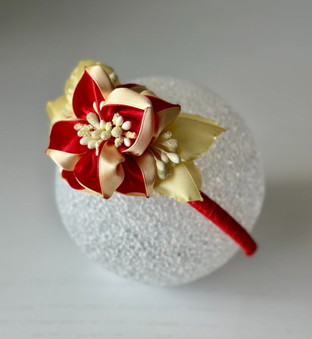 Bentiță handmade cu flori din satin, rosu si galben