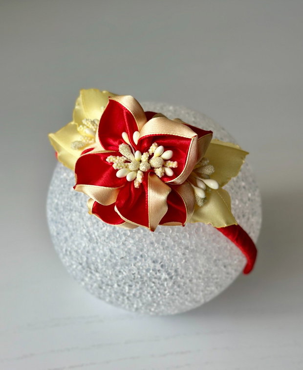 Bentiță handmade cu flori din satin, rosu si galben
