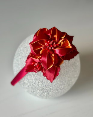 Bentiță handmade cu flori din satin, rosu si portocaliu