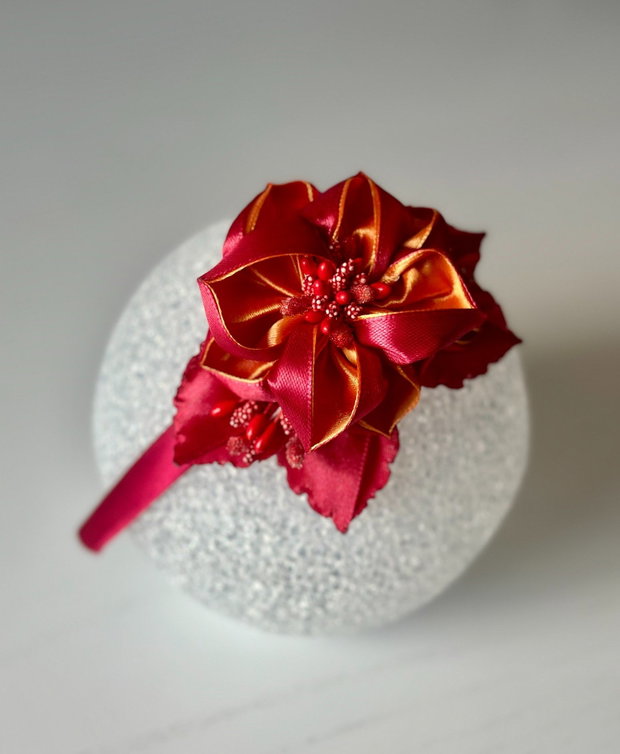 Bentiță handmade cu flori din satin, rosu si portocaliu