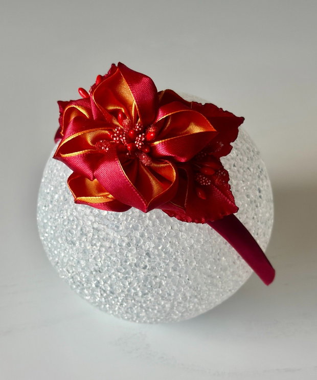 Bentiță handmade cu flori din satin, rosu si portocaliu