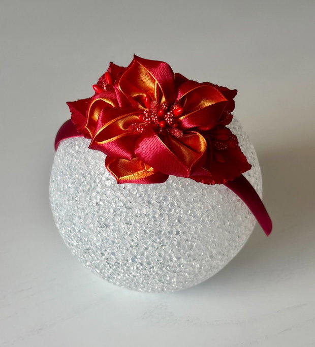 Bentiță handmade cu flori din satin, rosu si portocaliu