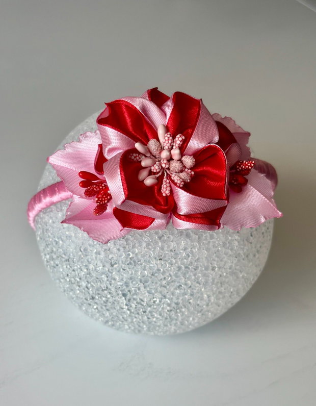 Bentiță handmade cu flori din satin, roz si rosu