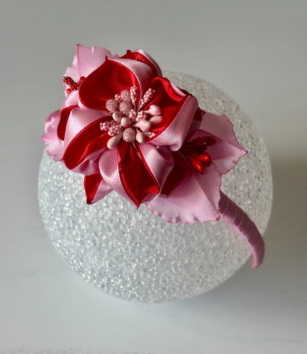 Bentiță handmade cu flori din satin, roz si rosu