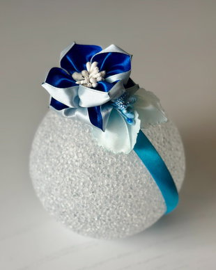 Bentiță handmade cu flori din satin, albastru și bleumarin