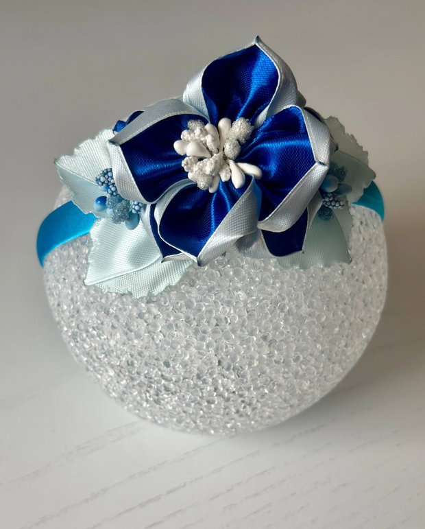 Bentiță handmade cu flori din satin, albastru și bleumarin