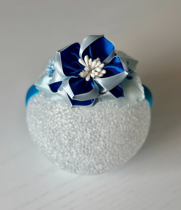 Bentiță handmade cu flori din satin, albastru și bleumarin
