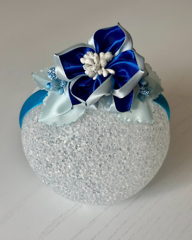 Bentiță handmade cu flori din satin, albastru și bleumarin