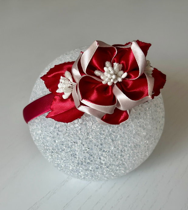 Bentiță handmade cu flori din satin, rosu și alb