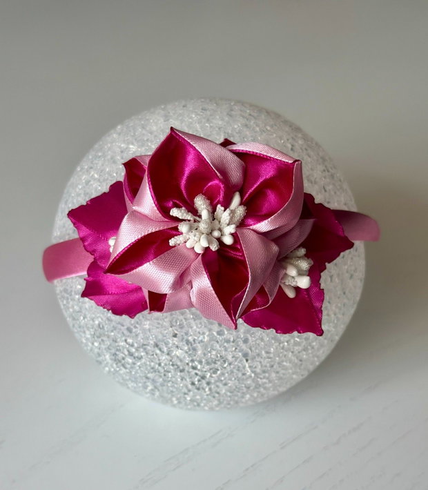 Bentiță handmade cu flori din satin, roz si magenta