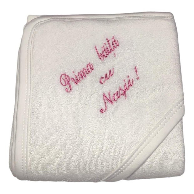 Set prima baita dupa botez pentru fetita, roz, cu prosop brodat si accesorii, Denikos NK89