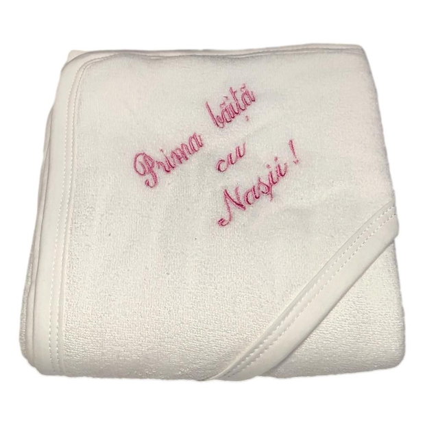 Set prima baita dupa botez pentru fetita, roz, cu prosop brodat si accesorii, Denikos NK89