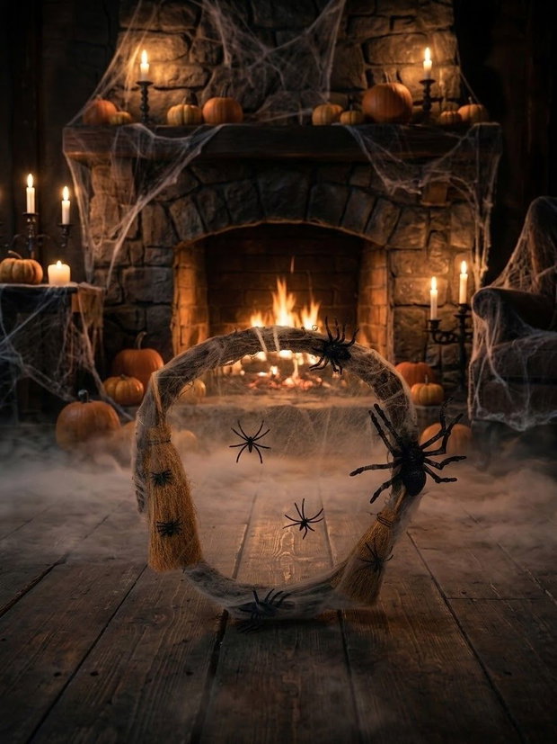 Coroniță Halloween Handmade Pânză de Păianjen  și Mături Decorative "Măturile Vrăjite"