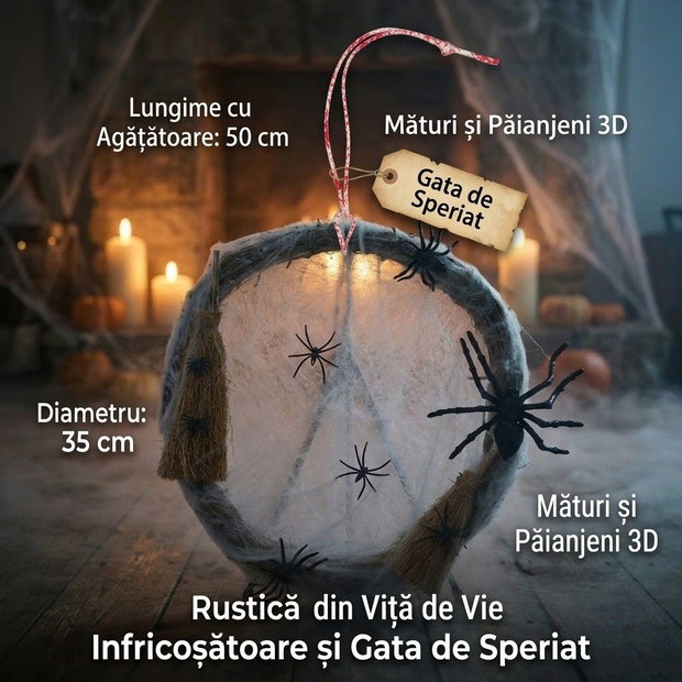 Coroniță Halloween Handmade Pânză de Păianjen  și Mături Decorative "Măturile Vrăjite"
