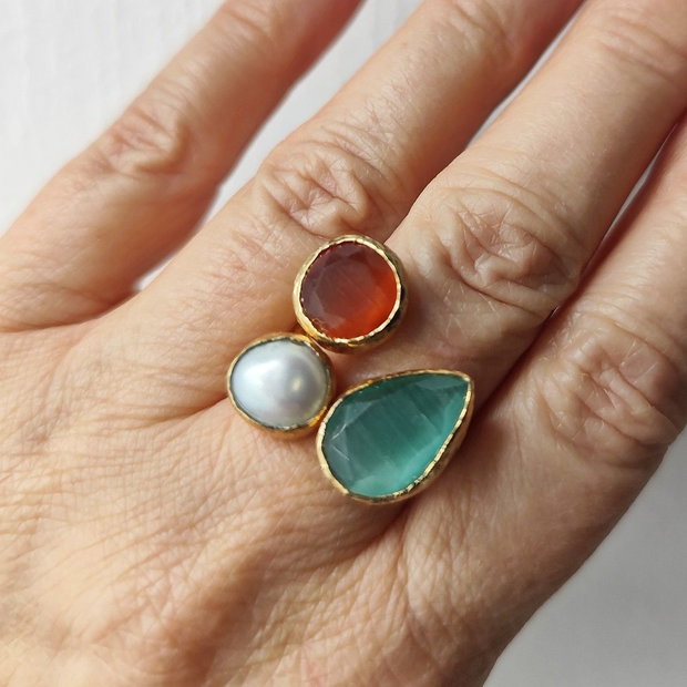 Set inel si cercei cu perla naturala si agate fatetate maro si verde, 4711