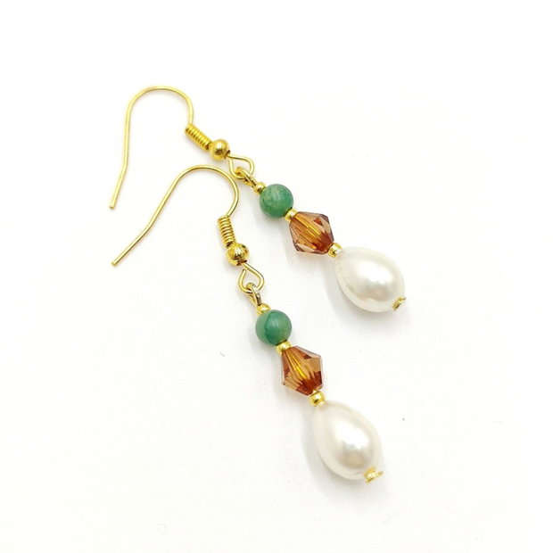 Set inel si cercei cu perla naturala si agate fatetate maro si verde, 4711