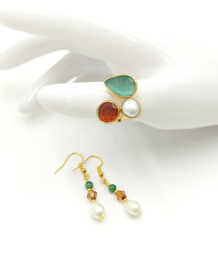 Set inel si cercei cu perla naturala si agate fatetate maro si verde, 4711