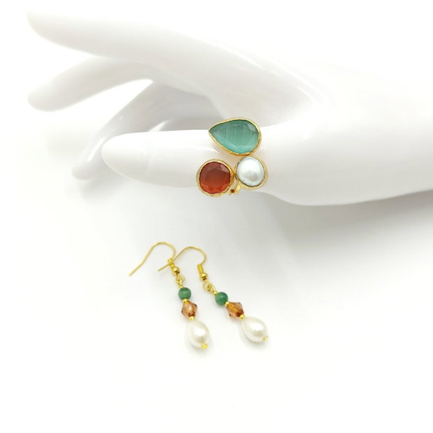 Set inel si cercei cu perla naturala si agate fatetate maro si verde, 4711