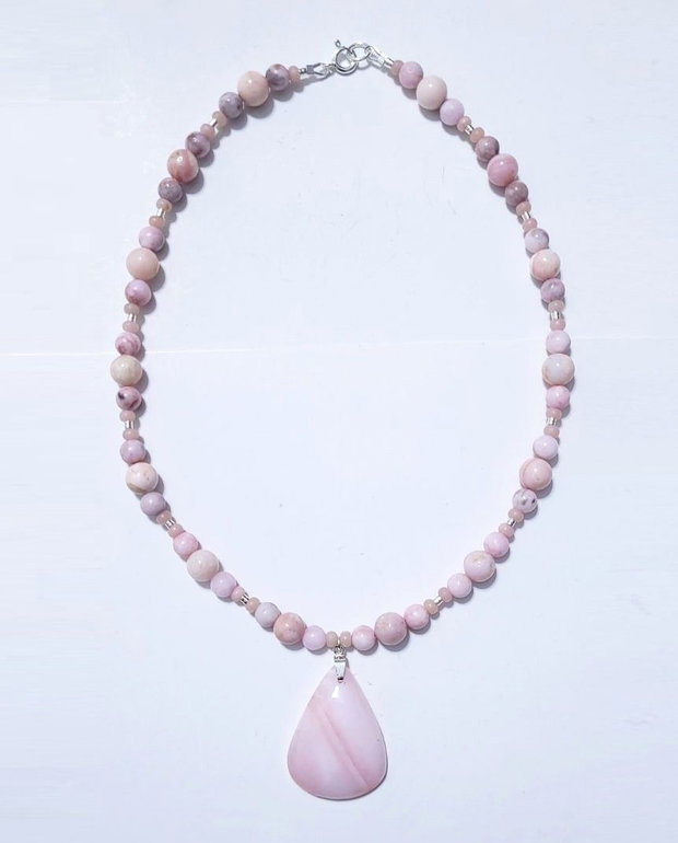 Colier argint 925 cu opal roz, jasp pink zebra si hematit