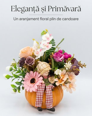Aranjament floral artificial cu dovleac ceramic