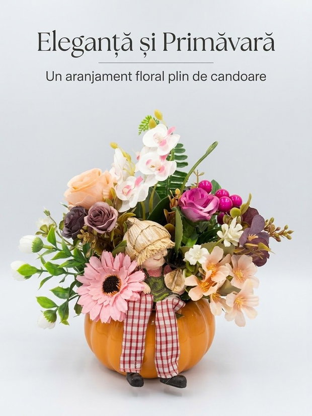 Aranjament floral artificial cu dovleac ceramic