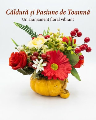 Aranjament floral roșu (mac, crizantema, trandafiri)